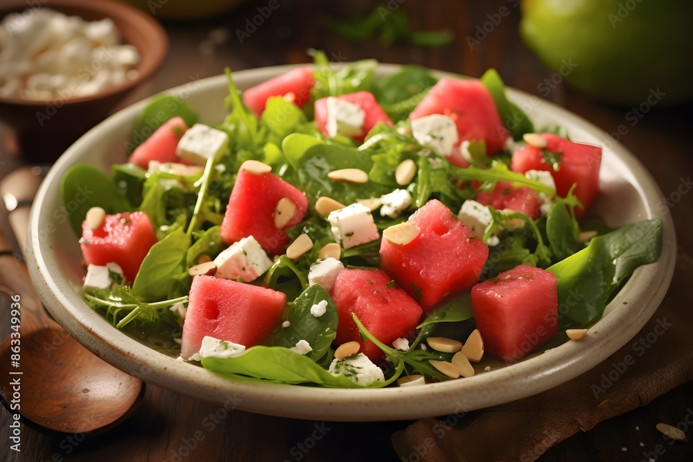 Fresh watermelon and feta cheese salad with mint leaves on a plate. Fresh watermelon and feta cheese salad with mint leaves on a plate.