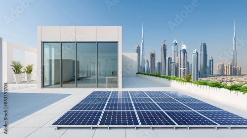 Solar panels on modern rooftop with city skyline for urban sustainability photo