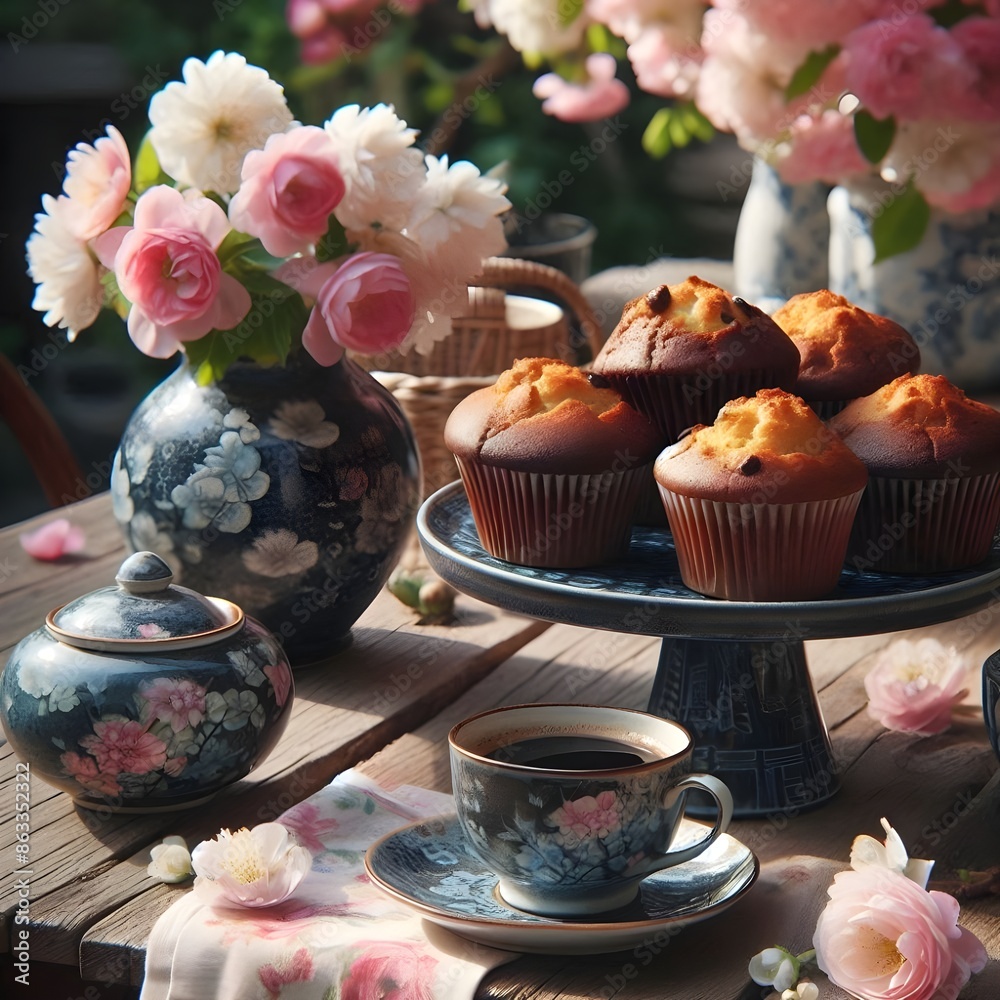 A cozy spring tea time in a blooming garden A cozy spring tea time in a blooming garden