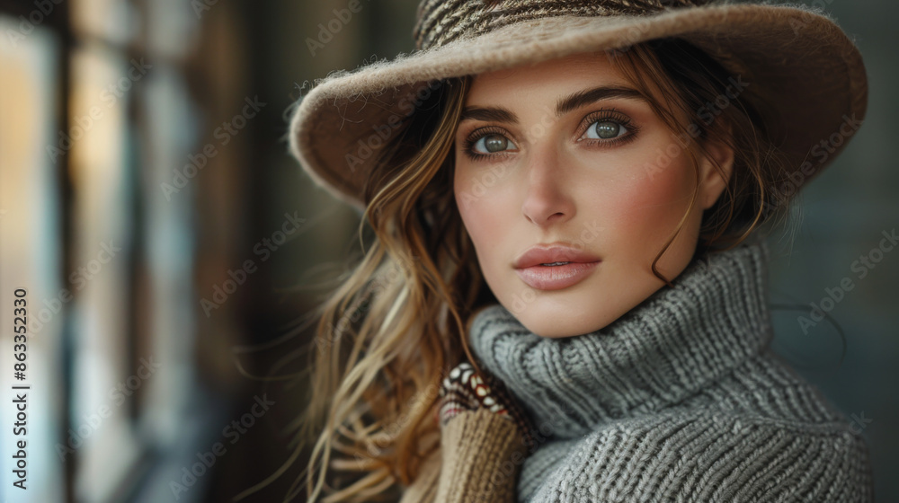 Fashionable woman in a hat, dress and long grey sweater, accessories, high heels, posing in studio. Fashion autumn photo Fashionable woman in a hat, dress and long grey sweater, accessories, high heels, posing in studio. Fashion autumn photo