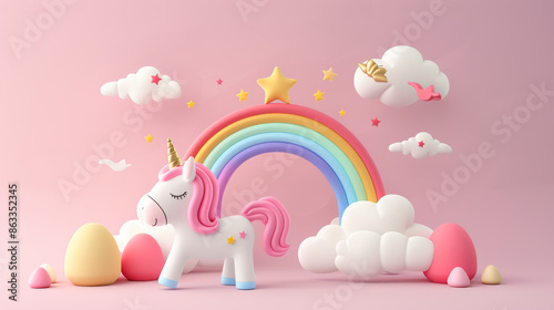 A cartoon cute white unicorn with pastel colors rainbow on pink background with 3d clouds. Fairy tail book illustration poster. Dreamy y2k © waylan_design