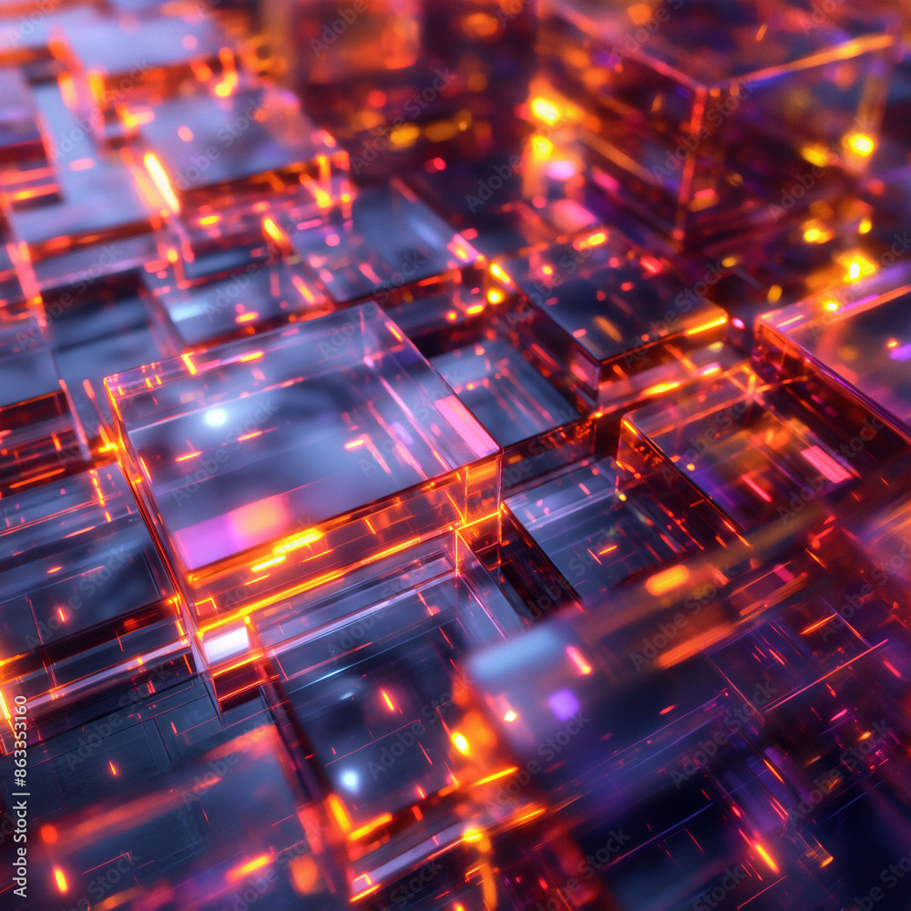 Glowing futuristic transparent cubes in digital landscape with vibrant lights and reflections concept of technology mysticism