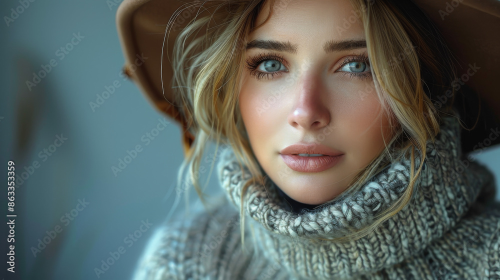 Fashionable woman in a hat, dress and long grey sweater, accessories, high heels, posing in studio. Fashion autumn photo Fashionable woman in a hat, dress and long grey sweater, accessories, high heels, posing in studio. Fashion autumn photo