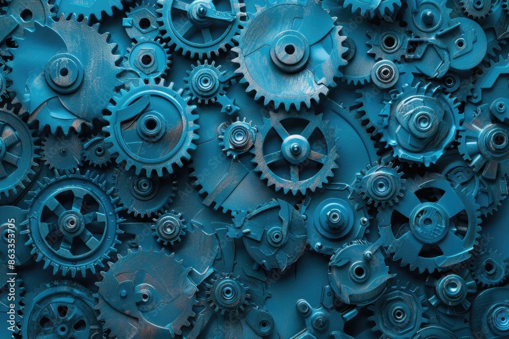 Blue gears and cogs interlocked in an abstract pattern symbolizing teamwork and machinery Blue gears and cogs interlocked in an abstract pattern symbolizing teamwork and machinery