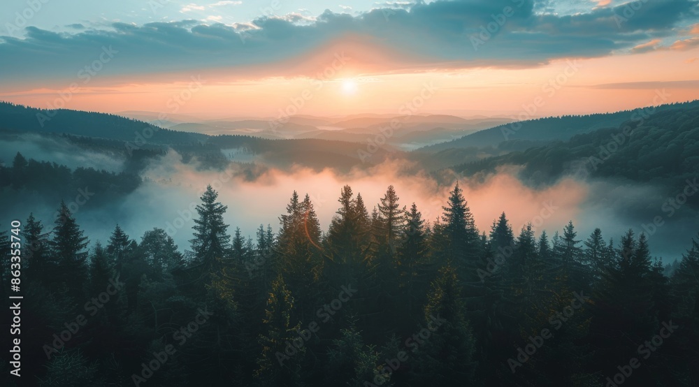 Obraz premium Sunrise Over Foggy Mountains In A Coniferous Forest