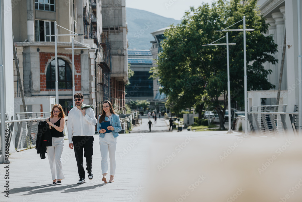 Obraz premium Business team walking in an urban area, discussing and enjoying sunny weather. Professional attire, teamwork, and outdoor setting. Collaboration and city life concepts.