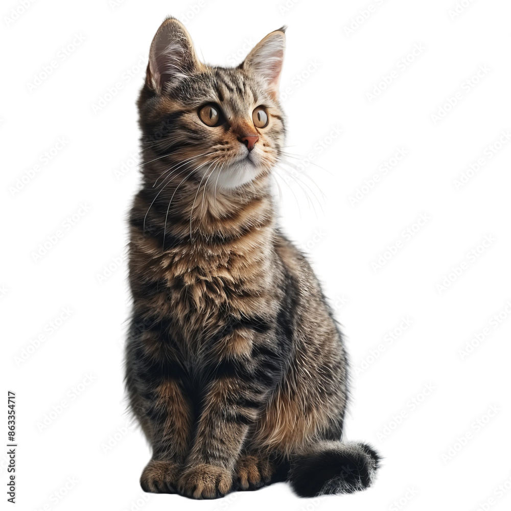 cute brown wirehair cat full bodysitting sideways looking at the camera, white background