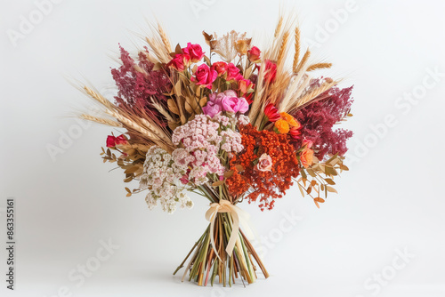 A bouquet of flowers with a bunch of stems tied together