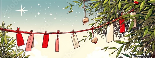 Bamboo trees with hanging wishes written on paper cards on white background. Tanabata or Qixi Festival. Chinese Valentine’s day. Illustration for greeting card, banner, poster photo