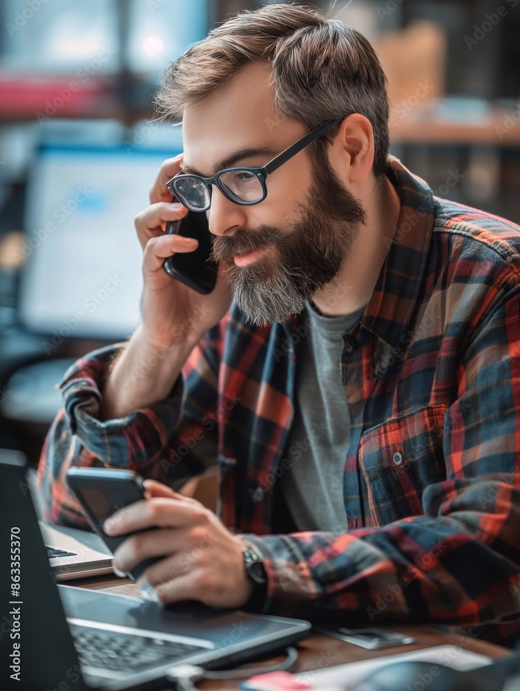 Happy male computer engineer discussing over cellphone call while working over laptop in office. Happy male computer engineer discussing over cellphone call while working over laptop in office.