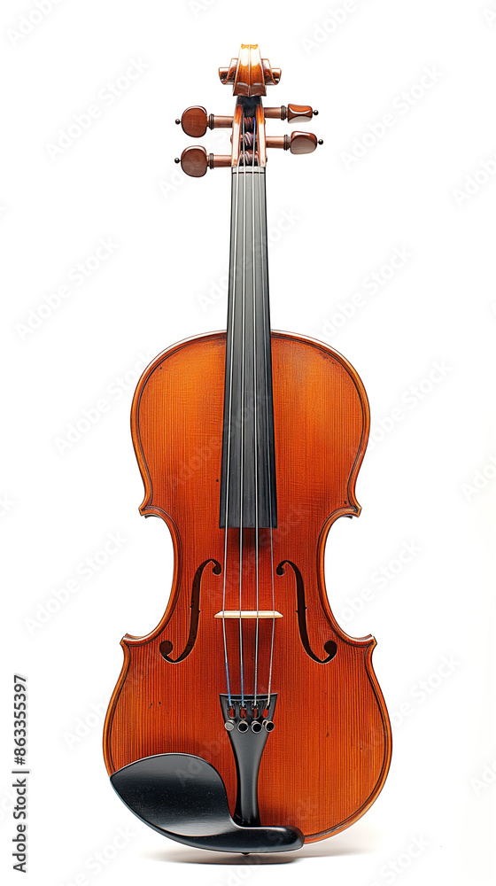 Obraz premium A beautifully crafted classical violin, showcasing its rich wooden texture and graceful curves, isolated on a white background
