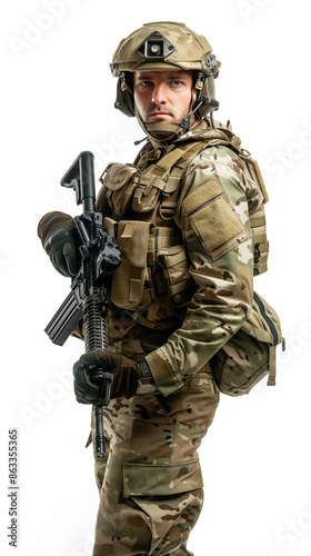 A soldier equipped with modern military gear, including a helmet, bulletproof vest, and rifle, stands ready. © Sviatlana