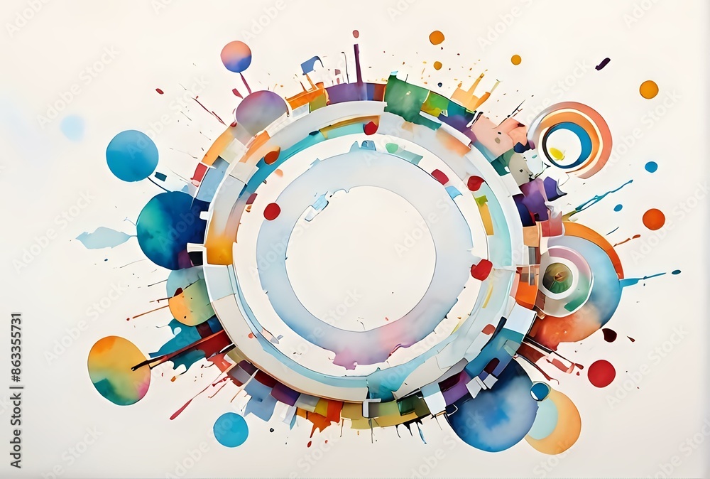 Obraz premium Abstract watercolor illustration featuring colorful concentric circles and dynamic splashes, isolated on a white background. Ideal for modern art projects, backgrounds, and design elements.