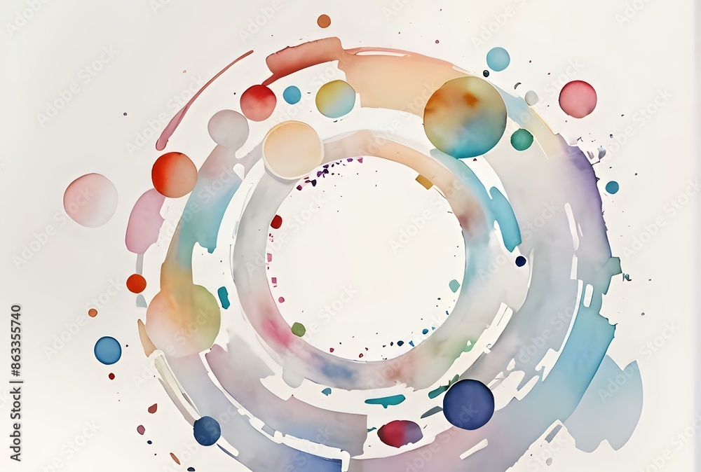 Obraz premium Abstract watercolor illustration featuring colorful concentric circles and dynamic splashes, isolated on a white background. Ideal for modern art projects, backgrounds, and design elements.