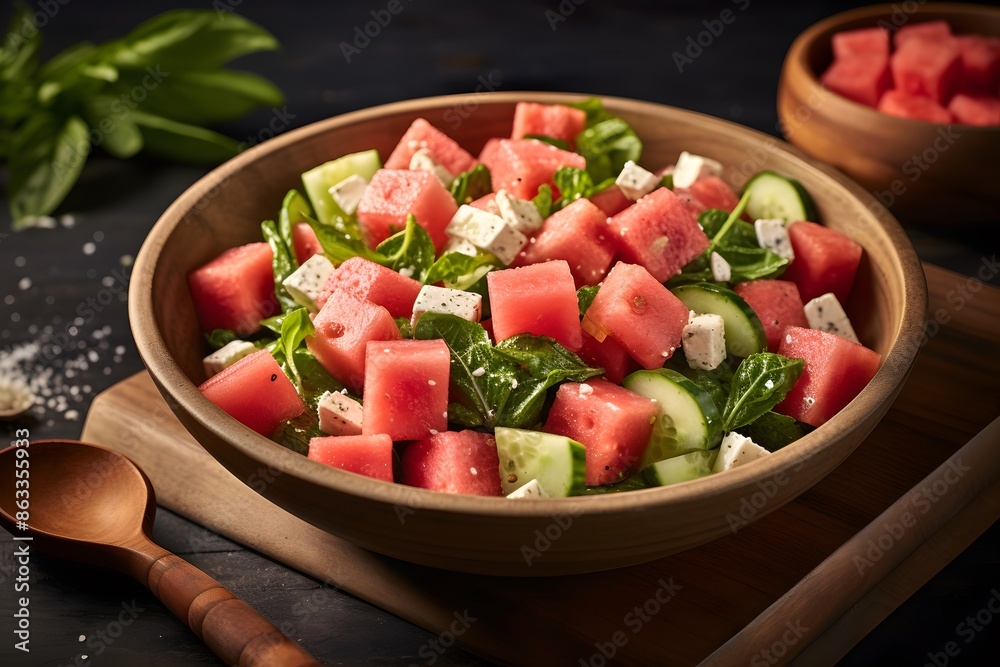 Fresh watermelon and feta cheese salad with mint leaves on a plate. Fresh watermelon and feta cheese salad with mint leaves on a plate.