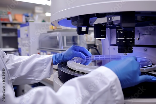 Lab technician using a spectrophotometer to measure absorbance meticulous data exploration of spectrophotometric analysis