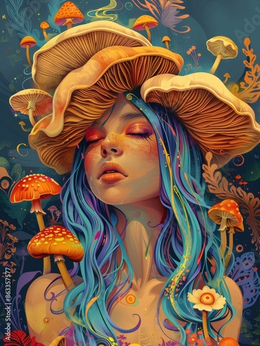 Groovy cartoon girl with swirling psychedelic vibes, surrounded by whimsical mushrooms, a whimsical journey through kaleidoscopic wonderland. photo