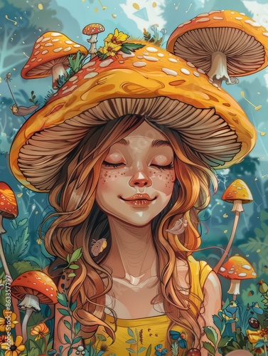 Whimsical psychedelic girl in a groovy cartoon world, surrounded by vibrant mushrooms, a surreal trip into the depths of imagination.