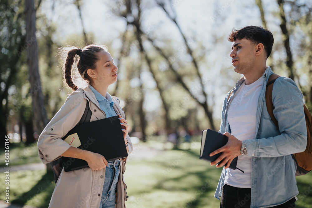 Two young friends or college students having a discussion outdoors on a bright day, with notebooks in hand. Two young friends or college students having a discussion outdoors on a bright day, with notebooks in hand.