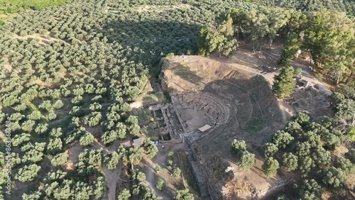 Aerial panoramic view of Sparta city with Taygetus mountains and ancient ruins remains in Peloponnese, Greece