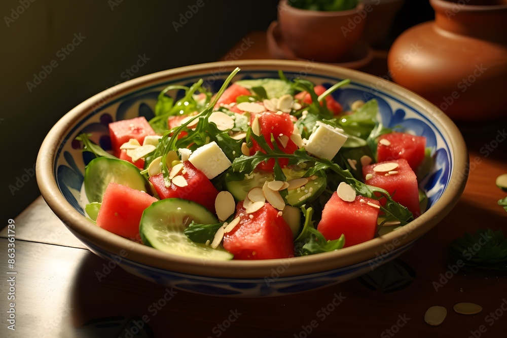 Fresh watermelon and feta cheese salad with mint leaves on a plate. Fresh watermelon and feta cheese salad with mint leaves on a plate.