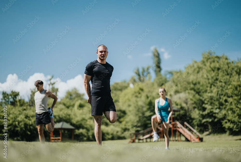 Three people performing outdoor exercises in a park under a clear blue sky. They are participating in a group workout session. Three people performing outdoor exercises in a park under a clear blue sky. They are participating in a group workout session.