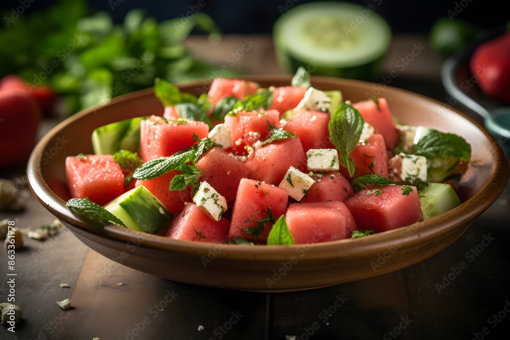 Fresh watermelon and feta cheese salad with mint leaves on a plate. Fresh watermelon and feta cheese salad with mint leaves on a plate.