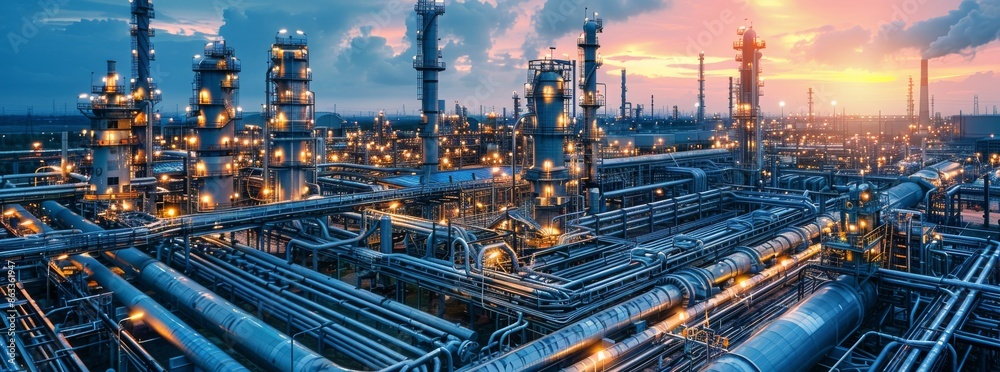 Industrial Refinery Complex At Dusk With Illuminated Pipes Industrial Refinery Complex At Dusk With Illuminated Pipes