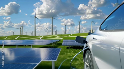 Electric car charging at a solar panel station with wind turbines in the background