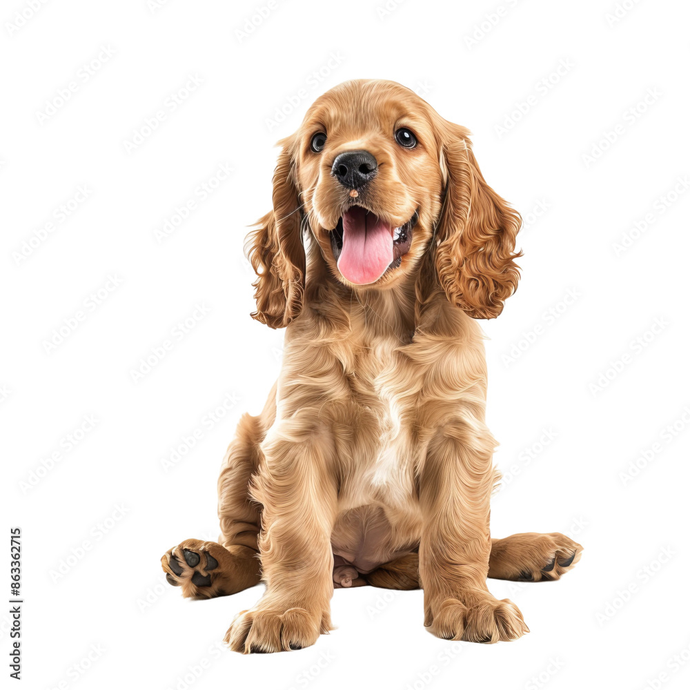 happy golden cocker spaniel puppy sitting full height, white background happy golden cocker spaniel puppy sitting full height, white background