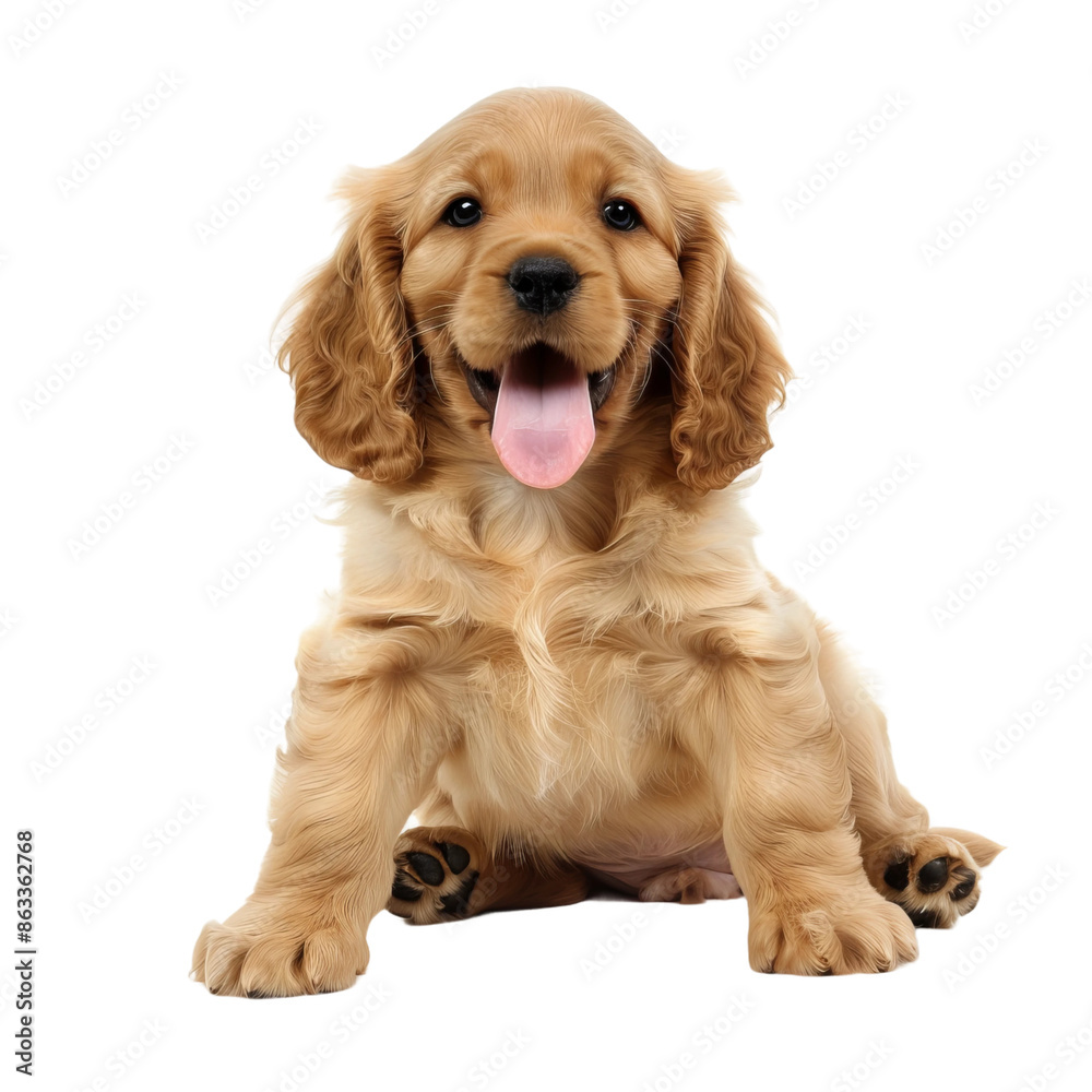 happy golden cocker spaniel puppy sitting full height, white background happy golden cocker spaniel puppy sitting full height, white background