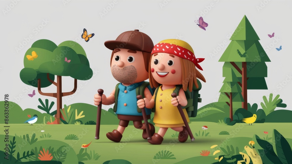 Obraz premium A cartoon couple with hiking gear walking through a forest, AI