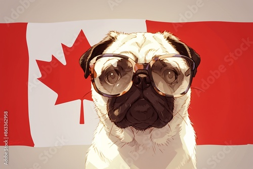 Cute funny pug dog with Canadian Flag on background. Creative concept for Canada Day. Victoria Day, Civic Holiday, Remembrance Day. Pet care. Banner or poster with copy space for national holiday photo