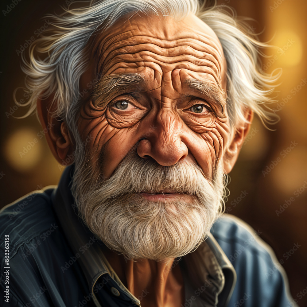 Close-up portrait of an older man with white hair and a beard, wearing a blue shirt. He has wrinkles on his face and appears to be looking directly at the camera. Close-up portrait of an older man with white hair and a beard, wearing a blue shirt. He has wrinkles on his face and appears to be looking directly at the camera.