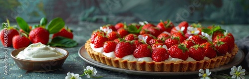 Fresh Strawberry Tart With Whipped Cream and Flowers