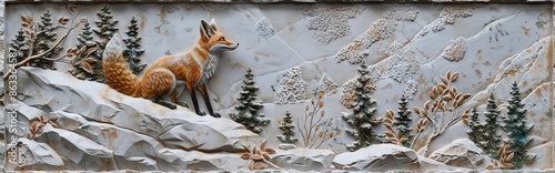 Beautiful fox 3d relief wallpaper. Mural wallpaper. Wall art. AI generated illustration.