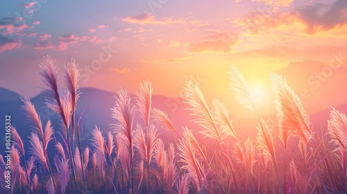 Pampas grass and sunset landscape background 