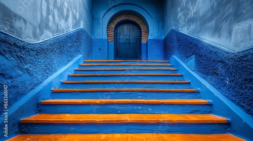 A blue stairwell leads to an orange top step, which is a symbol of success or top level in a career photo