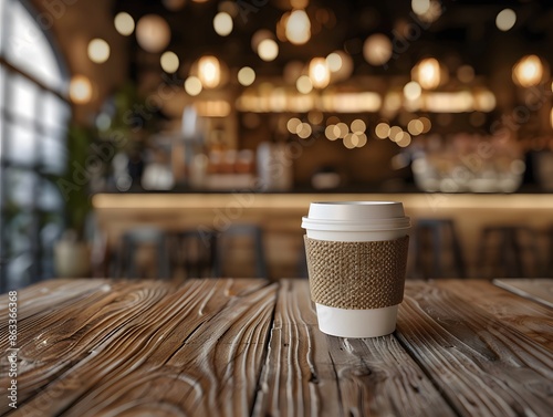 Takeaway Coffee Cup on Wooden Table in Cafe, Coffee Shop, or Restaurant. Blurred Background with Bokeh Lights. Concept of Coffee Break, Cafe Culture, and Relaxing.