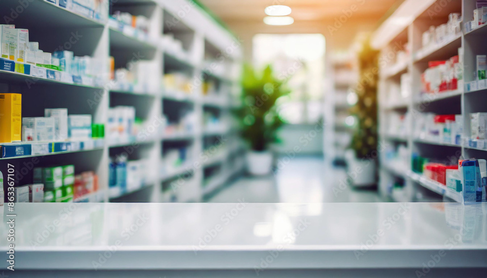 Empty white counter in the foreground with blurred pharmacy drugstore shelves in the background. The image represents a clean and professional retail environment, ready for customer interaction Empty white counter in the foreground with blurred pharmacy drugstore shelves in the background. The image represents a clean and professional retail environment, ready for customer interaction