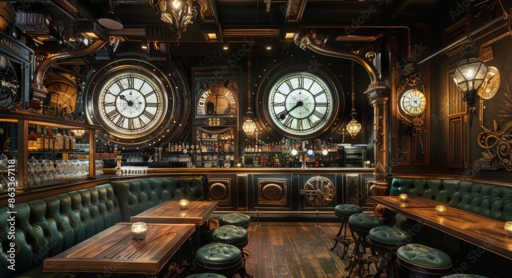 Steampunk Bar Interior With Large Clocks and Booth Seating