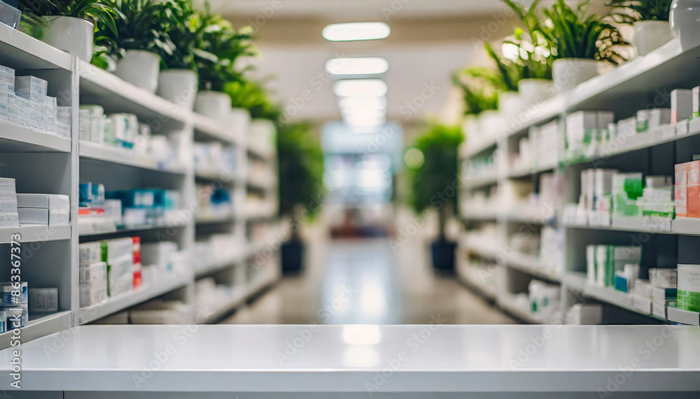 Empty white counter in the foreground with blurred pharmacy drugstore shelves in the background. The image represents a clean and professional retail environment, ready for customer interaction Empty white counter in the foreground with blurred pharmacy drugstore shelves in the background. The image represents a clean and professional retail environment, ready for customer interaction