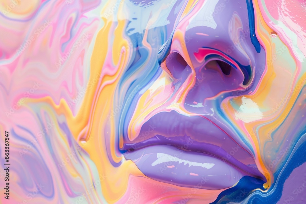 Fototapeta premium A vibrant, glossy abstract portrait featuring bold, surreal textures and vivid colors, capturing an avant-garde artistic style.
