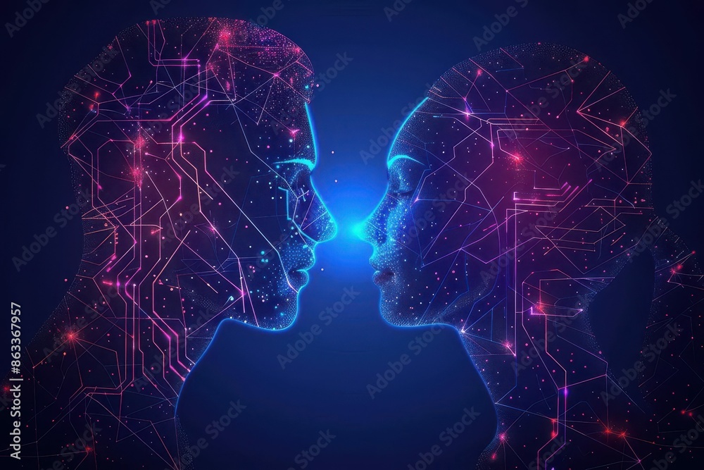 ai dating algorithm abstract visualization of male and female face ...