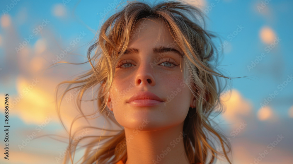Fashionable blonde posing over evening sky Fashionable blonde posing over evening sky