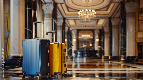 Luxury Suitcases in a Grand Hotel Lobby, Generative AI