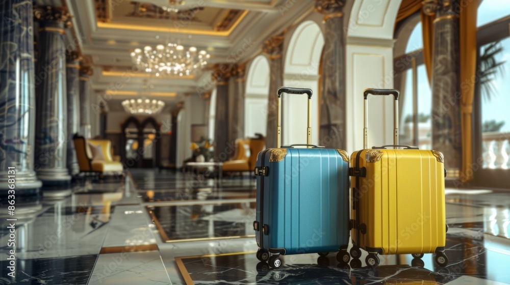 Luxury Hotel Lobby with Elegant Suitcases, Generative AI Luxury Hotel Lobby with Elegant Suitcases, Generative AI