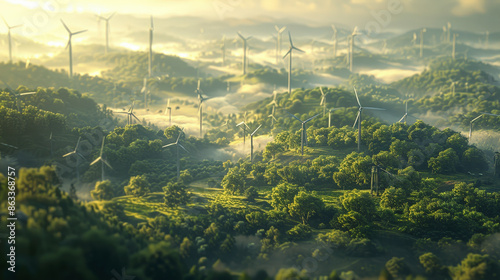 Wind turbines stand tall among lush green hills, harnessing renewable energy amid a misty, serene landscape. Eco-friendly technology meets nature's beauty. photo