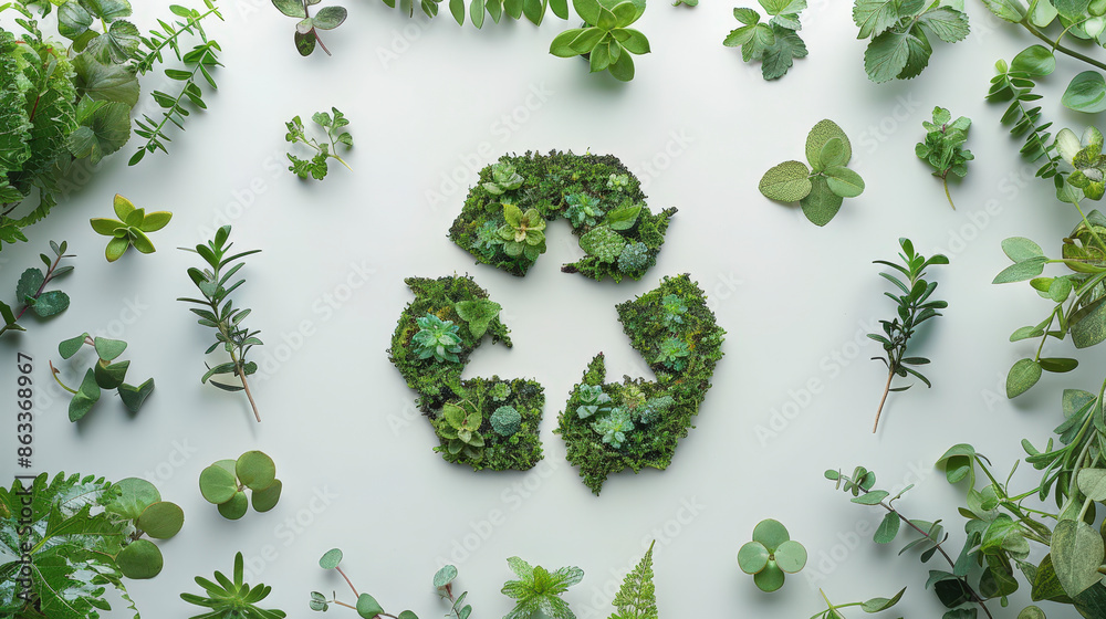 A variety of green plants form a recycling symbol on a white background, promoting sustainability and eco-friendly practices. A variety of green plants form a recycling symbol on a white background, promoting sustainability and eco-friendly practices.