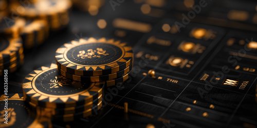 A close-up image of a stack of golden casino chips on a black felt table. The chips are arranged neatly, their edges glinting in the light